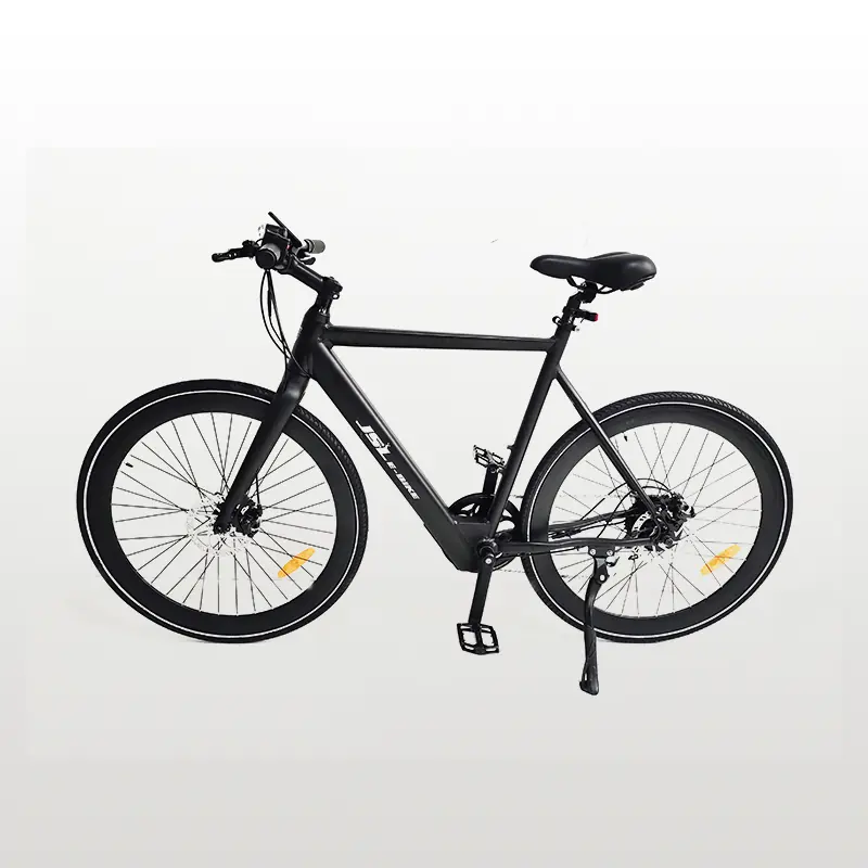 City E-Bike with Rigid Fork A sleek city e-bike with a rigid fork parked in an urban environment.