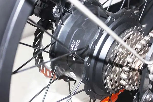 A close-up of a rear hub motor on an electric bike