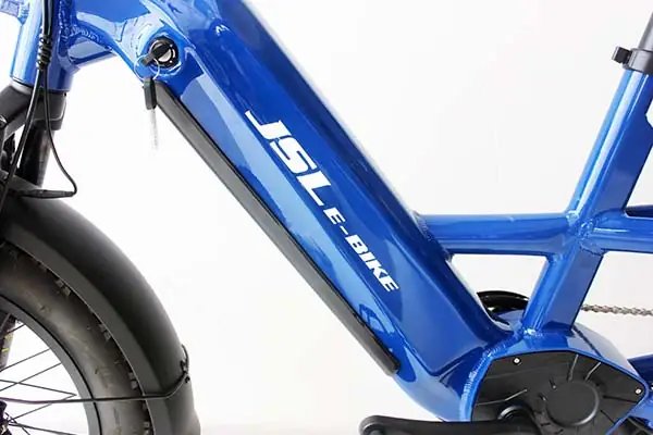 Integrated E-Bike Battery Tube Design A close-up shot of an integrated e-bike battery tube highlighting its sleek design and locking mechanism