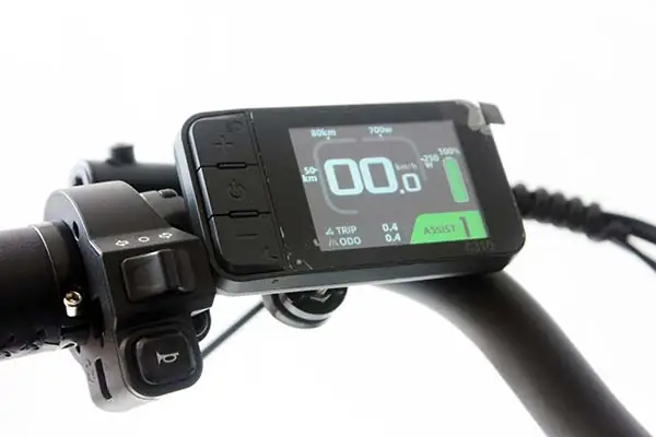 A modern full-color LCD e-bike display showing ride statistics