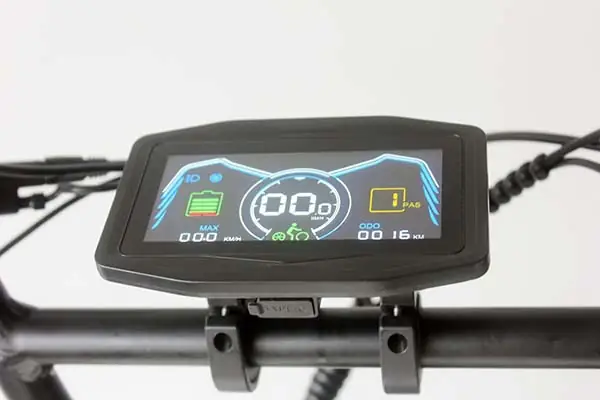 A high-tech e-bike with a digital display showing battery life and GPS