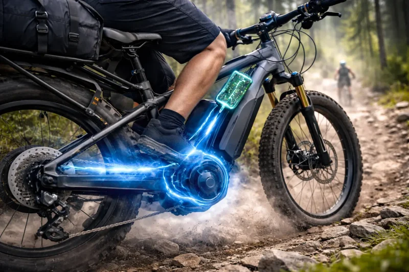 An e-bike's bottom bracket area showing sensors and motor.