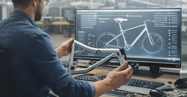 Modern office with e-bike designs on screens