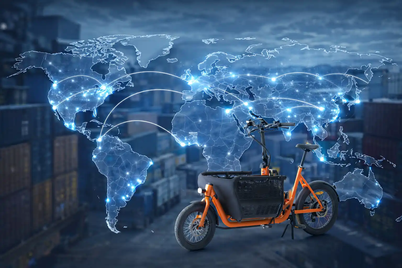 A map showing Europe and North America with e-bike icons