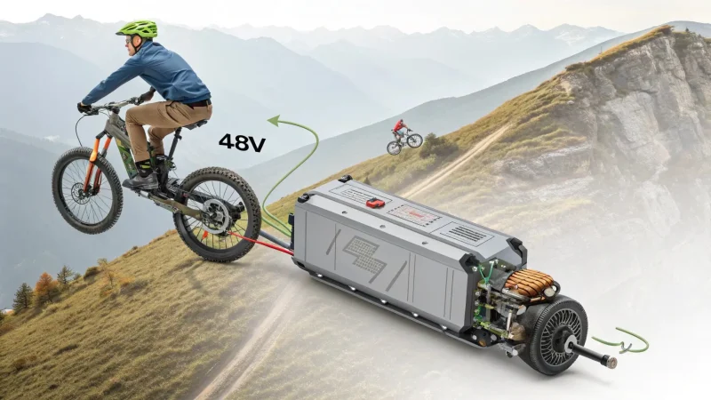 E-Bike Climbing Hill with Power An e-bike easily climbing a steep hill, showing off its power.