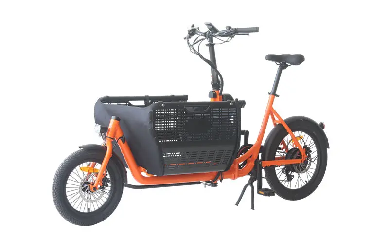 alt with keywords: food delivery rider on a step-through cargo e-bike
