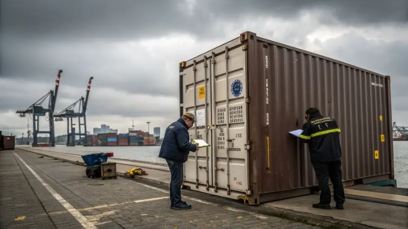 An image showing a customs officer inspecting a container of electric bikes