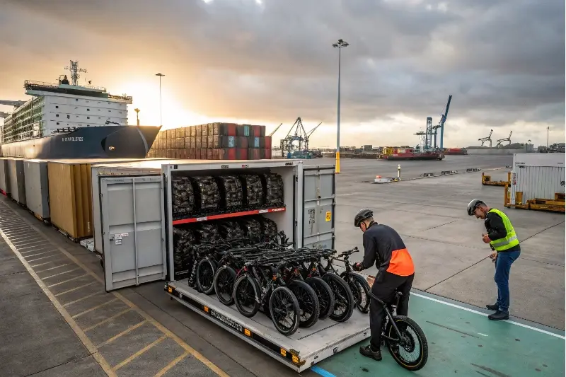 Guide to Importing E-bikes to Australia A container ship with e-bikes being unloaded at an Australian port