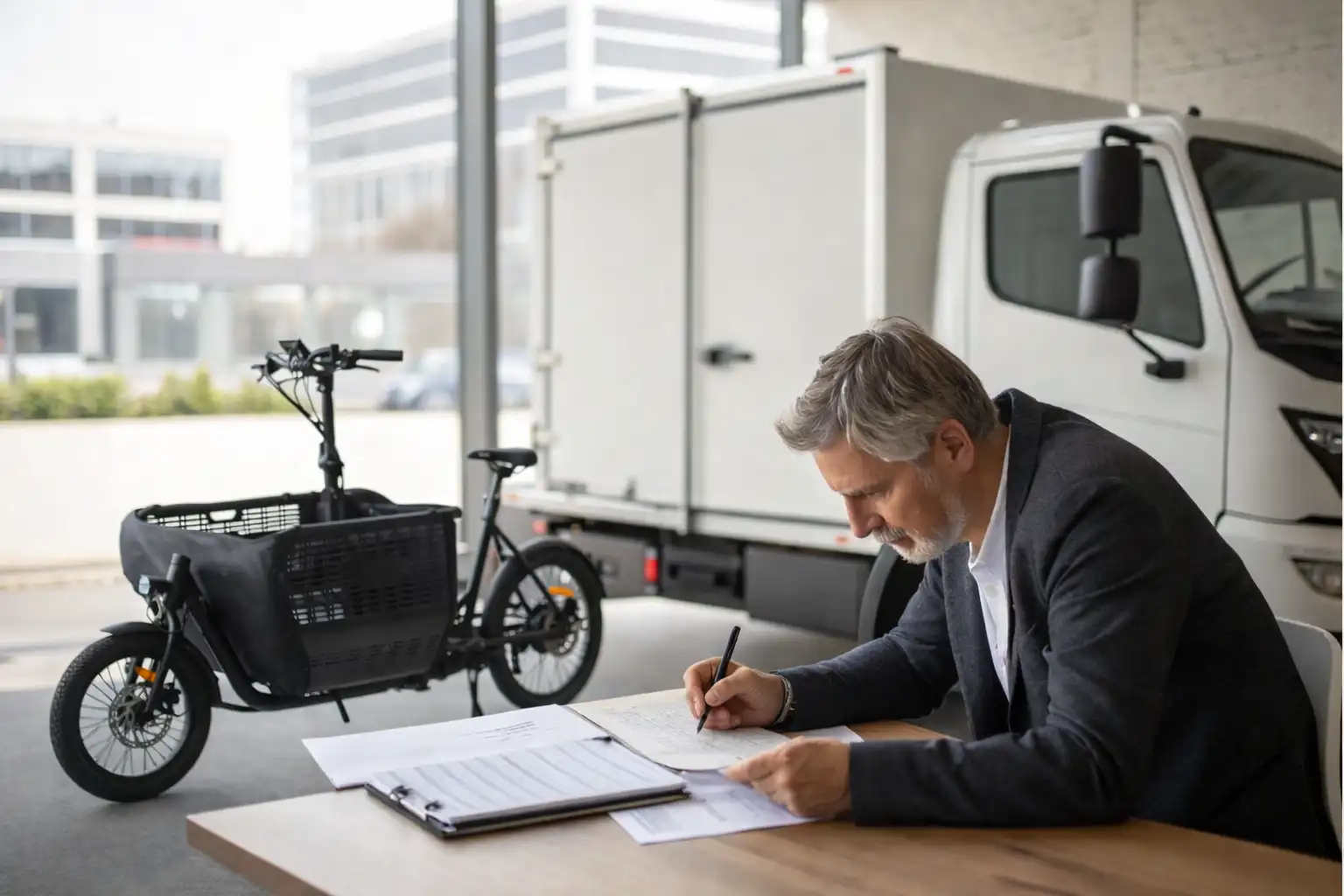 A business owner reviewing a leasing contract for cargo e-bikes