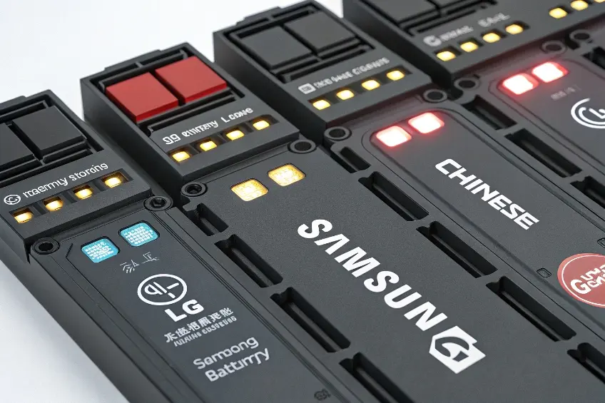 A close-up of different e-bike battery cells from Samsung, LG, and Chinese brands.