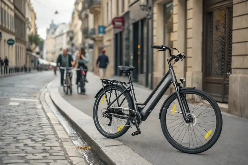 E-Bike Commuting in Germany A professional commuting to work on a sleek city e-bike pas modern office buildings.