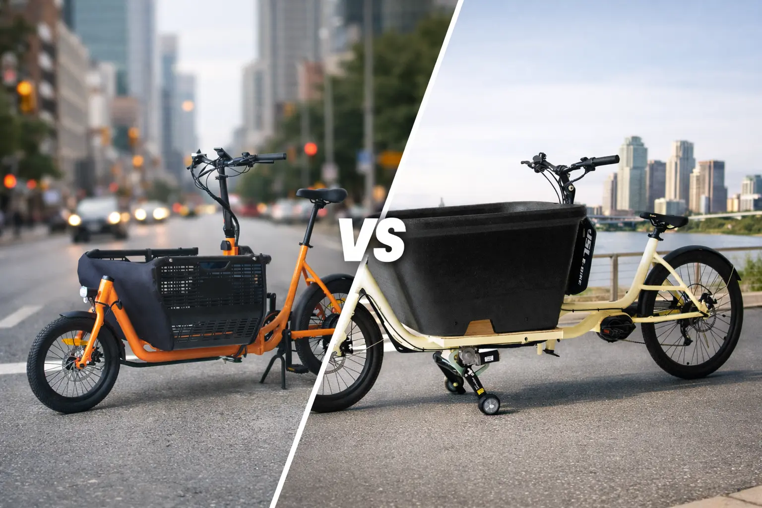 A front-load cargo e-bike navigating a narrow European street.