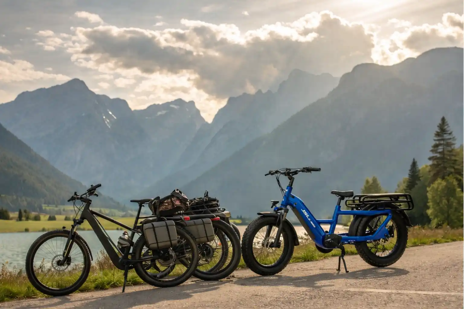 An all-terrain fat tire e-bike next to a sleek city e-bike with standard tires