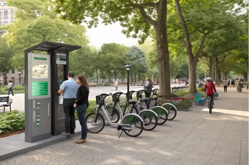 A person using a mobile app to rent an e-bike