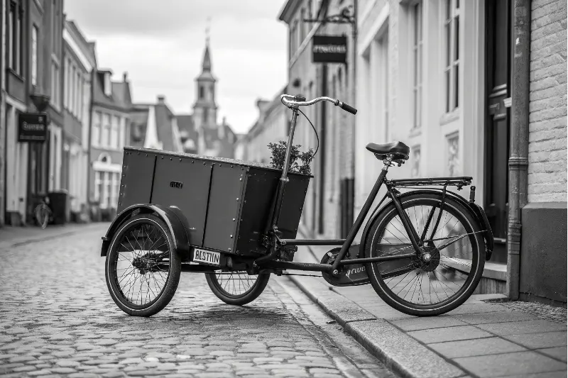 Traditional Dutch Cargo Bike Vintage black and white photo of a traditional Dutch cargo bike