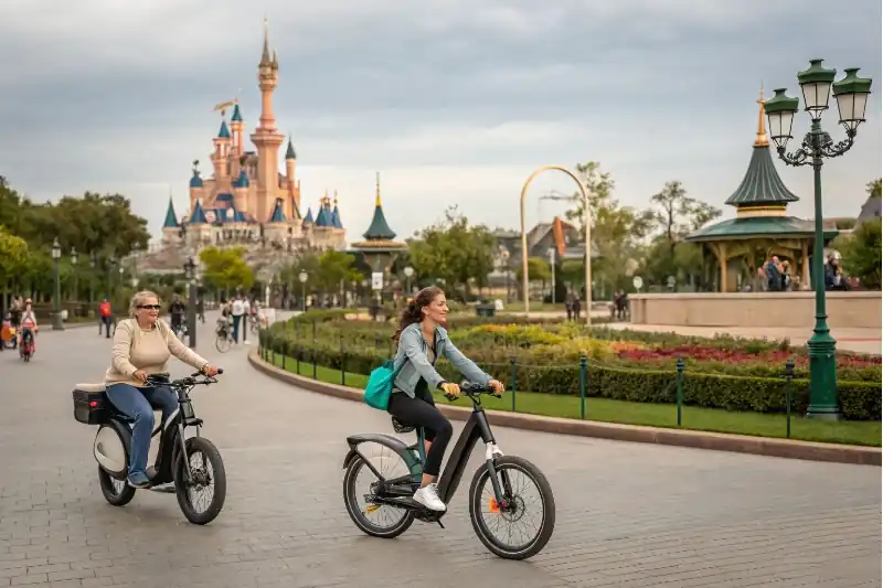 Tourists riding e-bikes through a scenic park