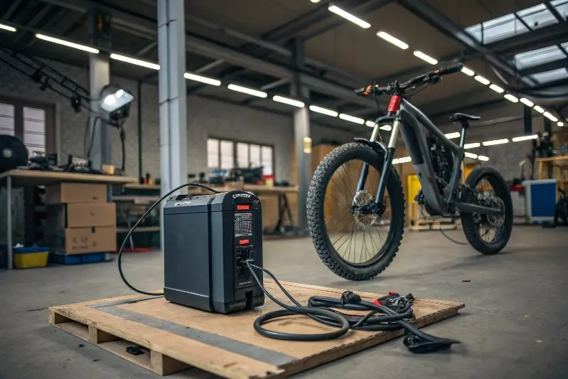 An e-bike battery charging safely in a workshop
