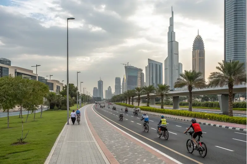 E-bikes lined up in a modern Middle Eastern city