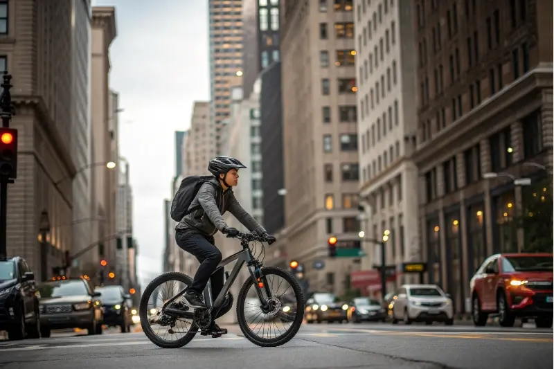 A person riding a city e-bike in an urban environment