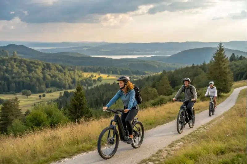 A European cyclist enjoying a city ride on an e-bike with a torque sensor