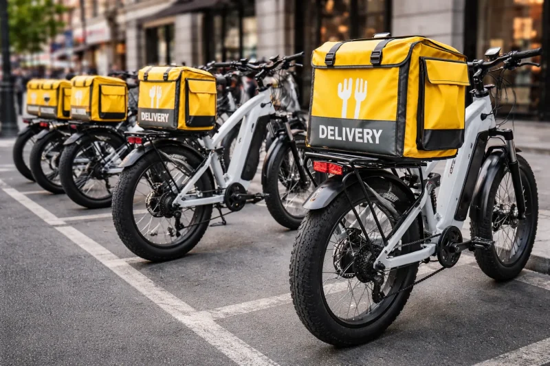 An e-bike fleet for a delivery service lined up, highlighting their durability