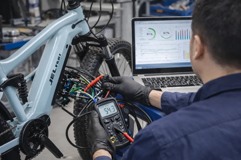 Close-up of an e-bike battery pack being tested under load in a factory