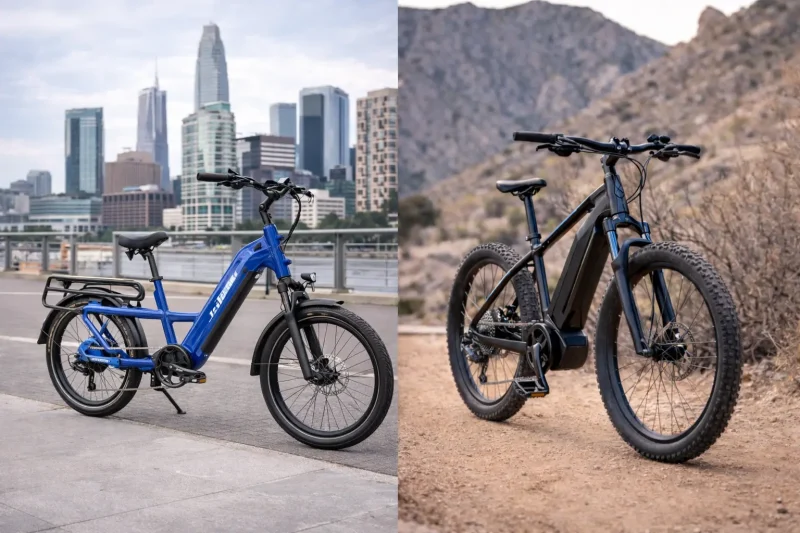 A collage of different e-bikes: an e-MTB on a trail, a cargo e-bike in a city, and a sleek city commuter