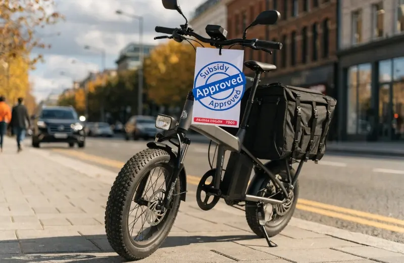 A price tag on a cargo e-bike with a large "Subsidy Approved" stamp.