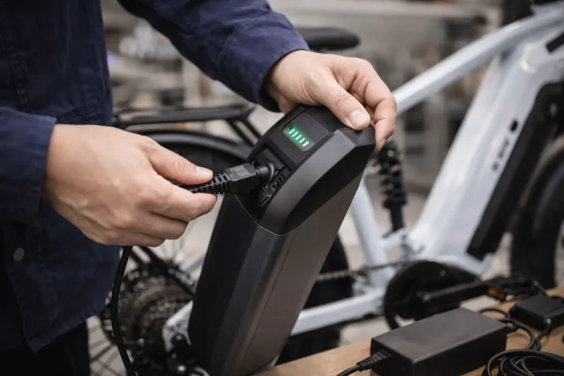 A sleek, lightweight e-bike battery being removed for charging
