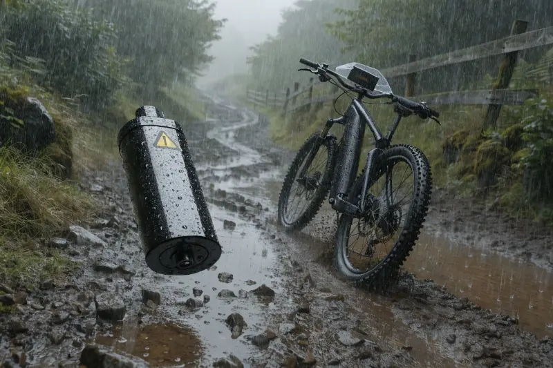 A battery icon with a warning symbol on a hilly background