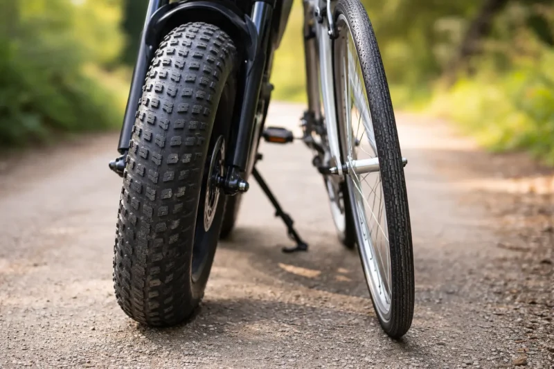 Close-up shot of a wide fat e-bike tire next to a thin city bike tire