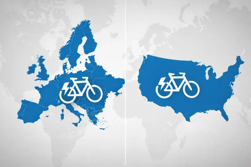 A map showing Europe and North America with e-bike icons