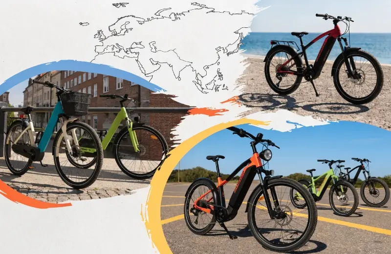 A world map with different types of e-bikes highlighted in Europe, the Middle East, and the USA