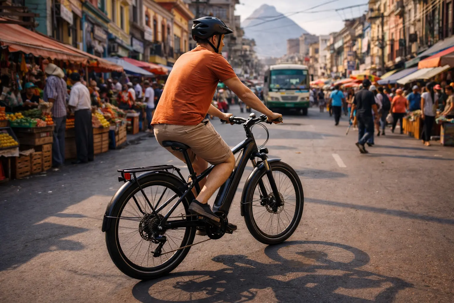 A person riding a city e-bike through a bustling South American street.