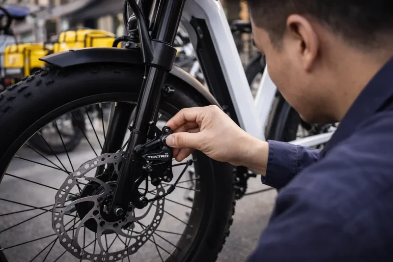 A bike mechanic looking at a worn-out brake pad