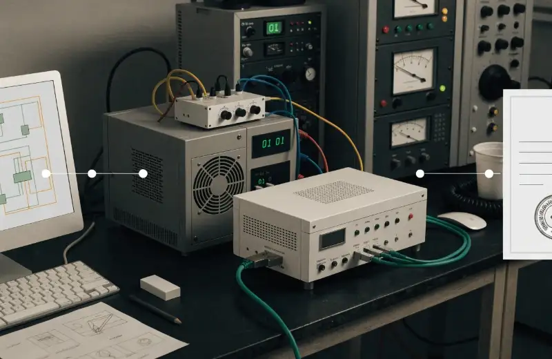 E-bike Certification Documentation A technician reviewing technical documents and blueprints for an e-bike