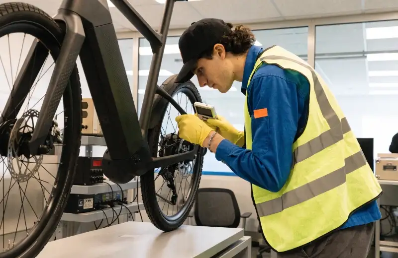 UL 2849 E-bike Certification An e-bike undergoing electrical safety testing in a lab