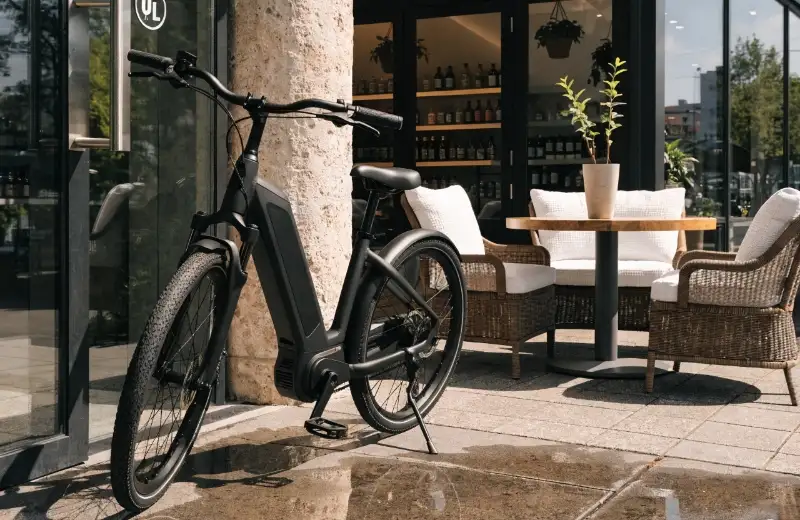 A person easily mounting a step-through e-bike in a city setting