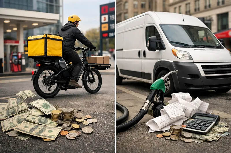 A graphic showing cost savings of a cargo e-bike vs. a delivery van.
