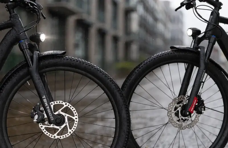 A split-screen image showing a mechanical brake on one side and a hydraulic brake on the other.