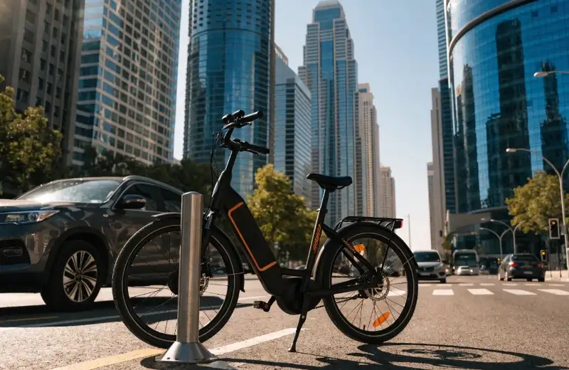 E-Bikes in the Middle East Market An e-bike parked in a modern city in the Middle East, like Dubai.