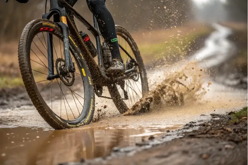 e-bike riding through a puddle with water splashing