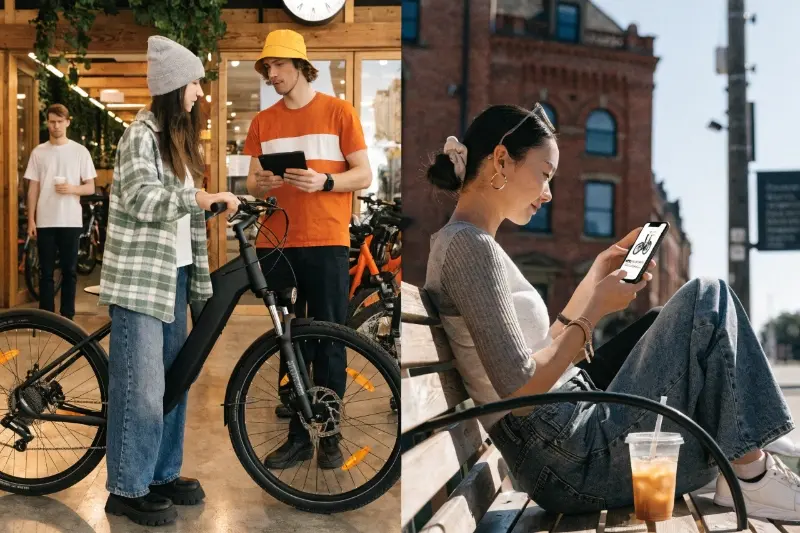 A person buying an e-bike in a store vs online shopping