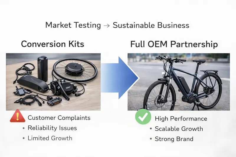 A business owner looking at an e-bike conversion kit and a fully assembled OEM e-bike
