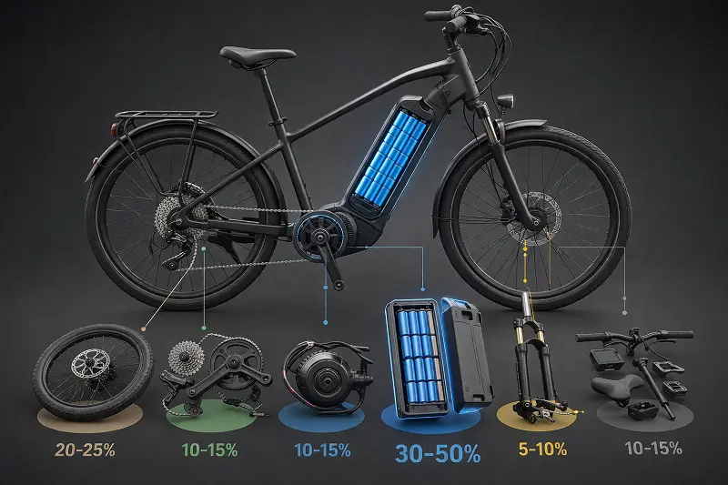 A diagram showing the cost breakdown of an electric bike with the battery highlighted