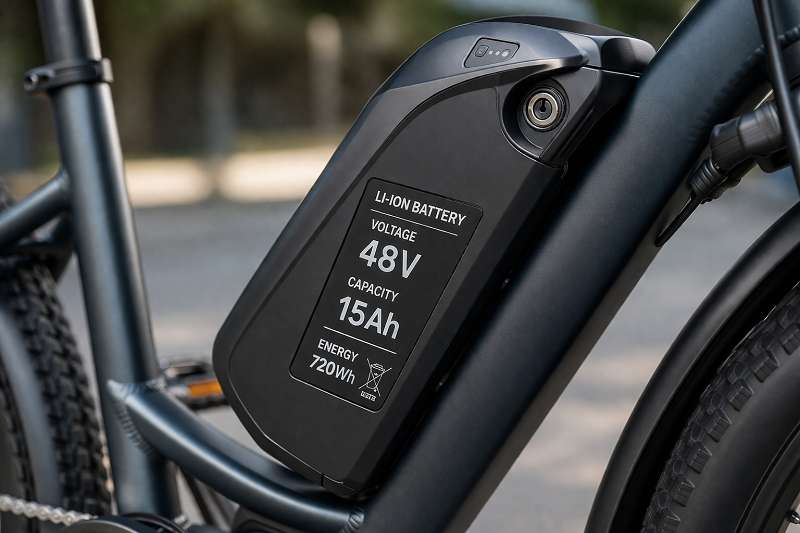 A close-up of an e-bike battery label showing voltage and amp-hour ratings
