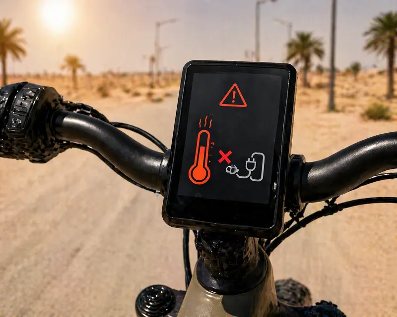 An e-bike display showing a temperature error message for the battery