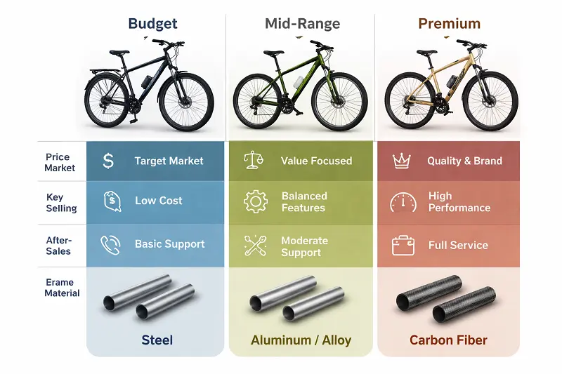 A chart comparing different e-bike business models with suitable frame materials.
