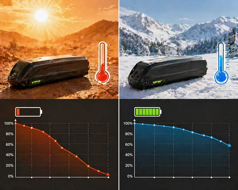 A graphic showing a battery health meter decreasing faster in a hot environment compared to a cool one