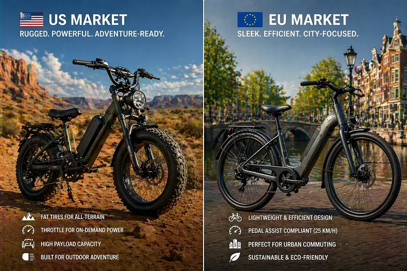 A split image showing a rugged fat-tire e-bike for the US market and a sleek city e-bike for the European market